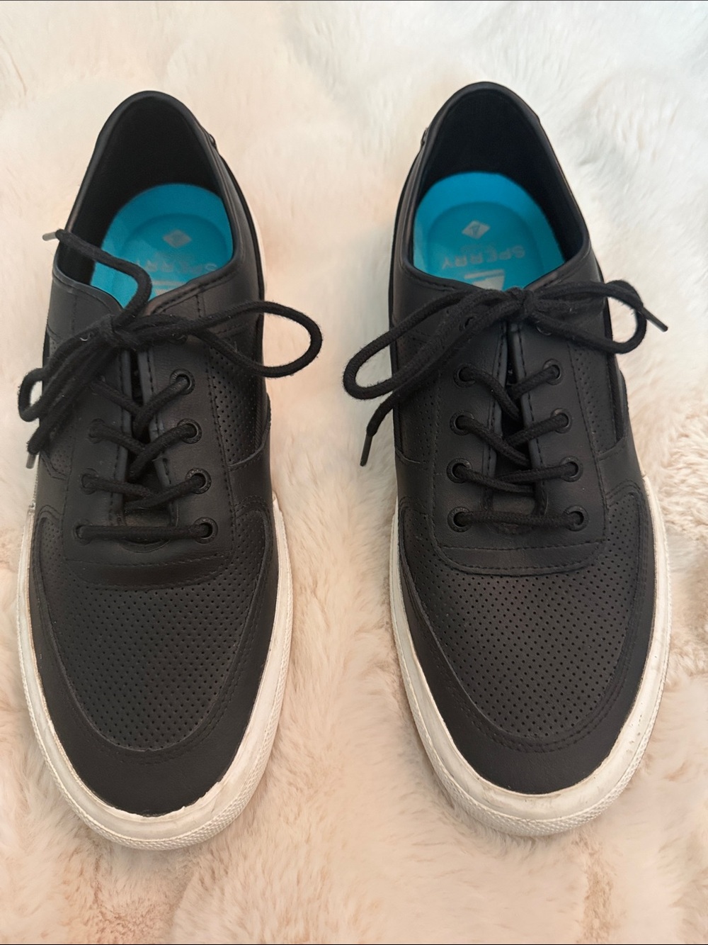 Sperry Black Lace-Up Perforated Sneakers with White Soles and Blue Insoles